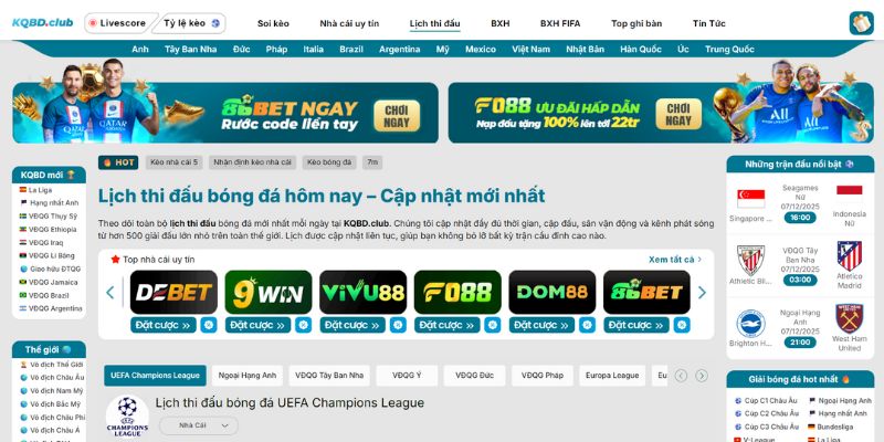 Danh mục lịch thi đấu bóng đá tại KQBD.Club